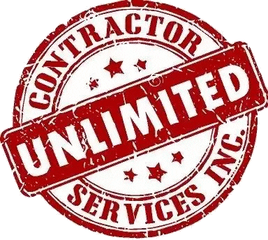 A red and white stamp that says " contractor services unlimited ".